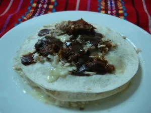 Deliciosas quesadillas rellenas de carne de cerdo, pollo, queso Oaxaca y mole picante, hechas con tortillas de trigo y maíz. ¡Irresistibles!